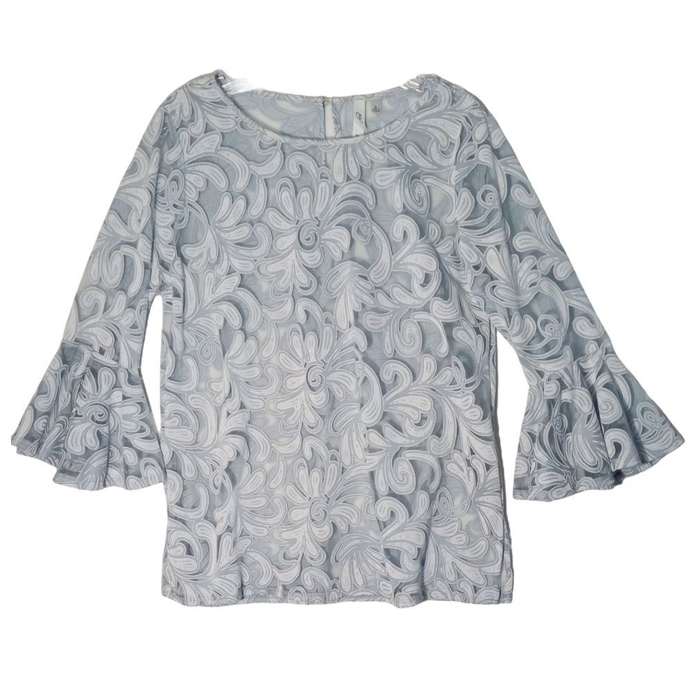 NY Collection Burnout Tunic Top Women Medium Blue  Bell Sleeve Sheer
